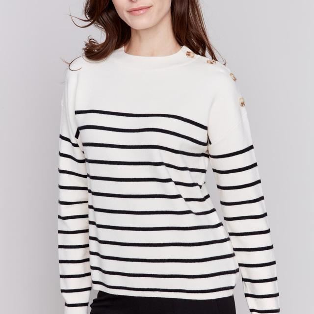 Stripe Jacquard Crew Neck Sweater with Buttons on Shoulder Product Image