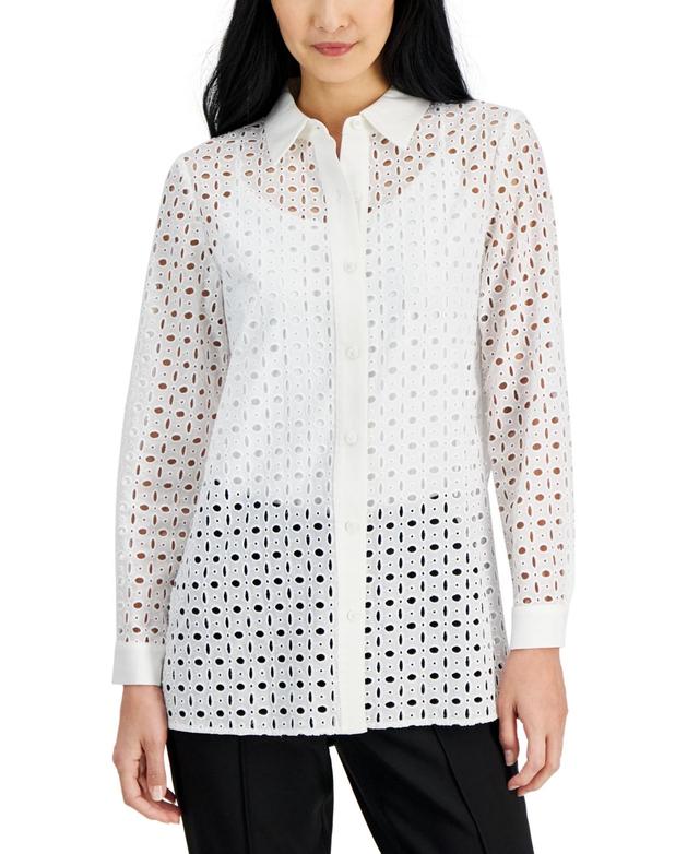 Anne Klein Womens Linen-Blend Eyelet Shirt Product Image