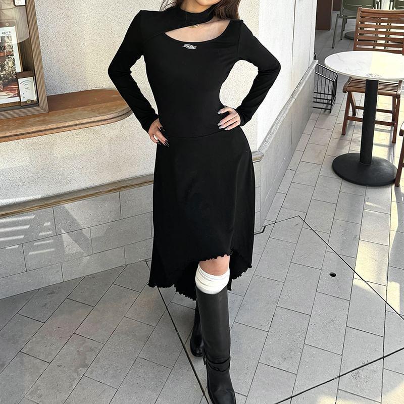 Long Sleeve Mock Neck Cut-Out Plain Slim-Fit Midi Bodycon Dress Product Image