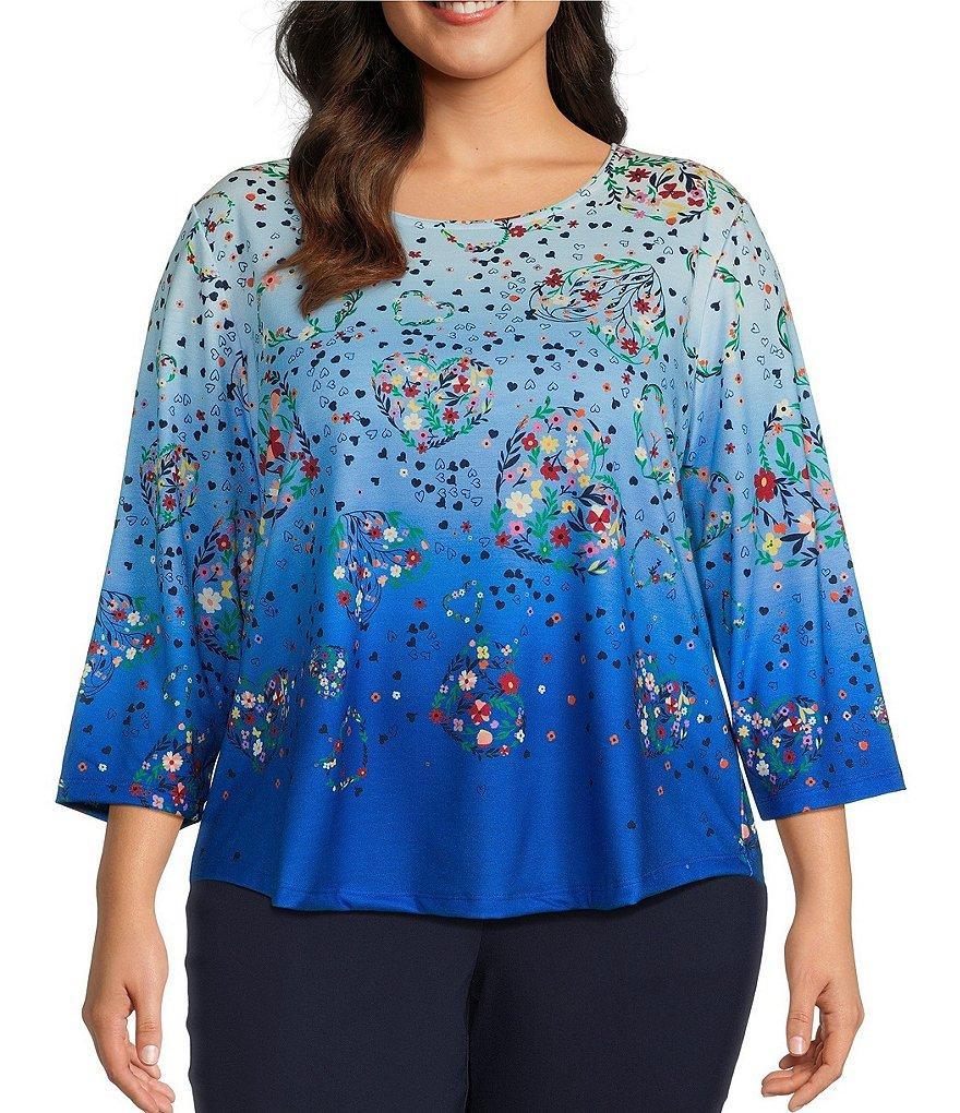 Allison Daley Plus Size Floral Hearts Print 3/4 Sleeve Crew Neck Knit Top Product Image