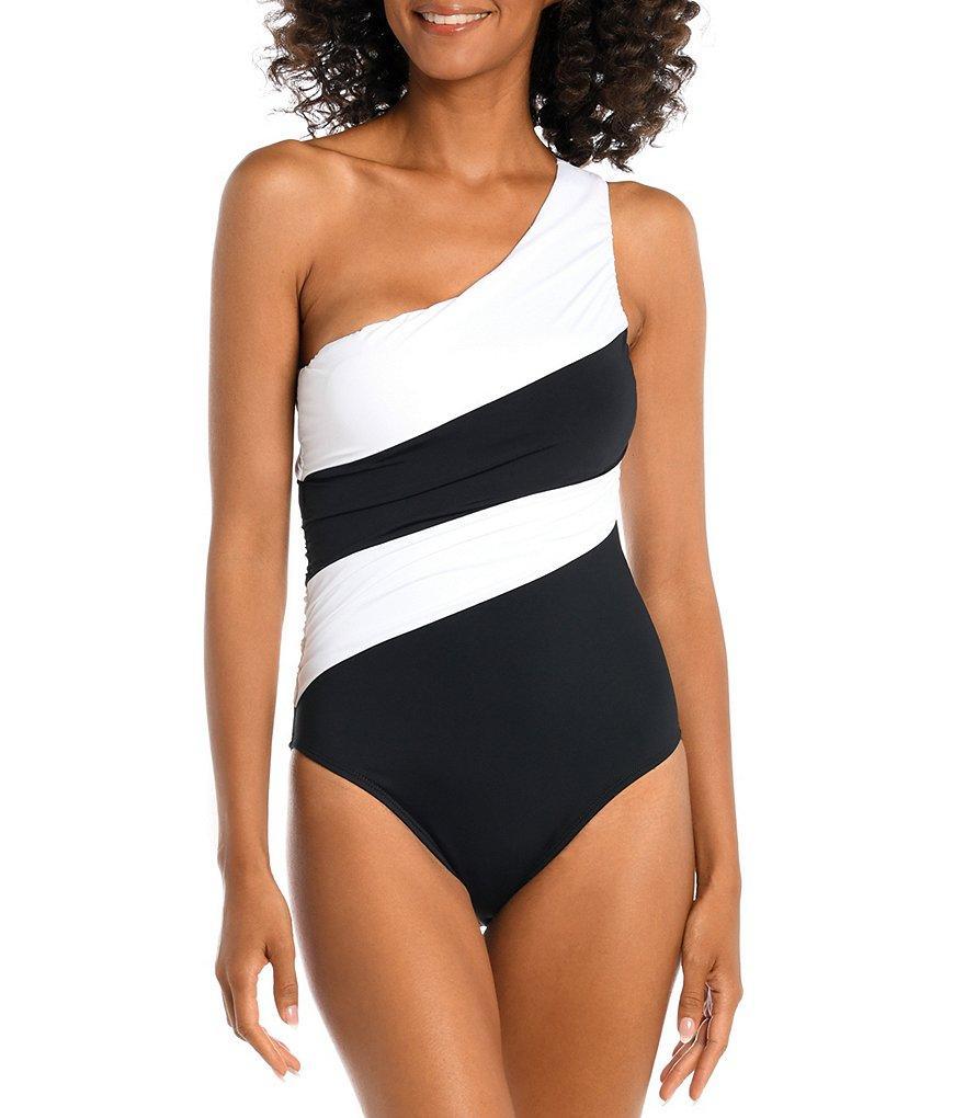 La Blanca Island Goddess One Shoulder Color Blocked Shirred One Piece Swimsuit Product Image