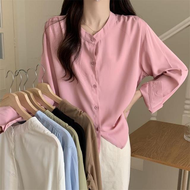 Long Sleeve Band Collar Plain Shirt Product Image