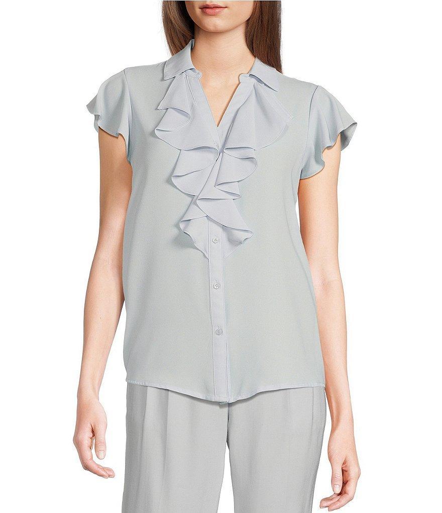 Calvin Klein Collared Flutter Cap Sleeve Cascading Ruffle Button Front Blouse Product Image