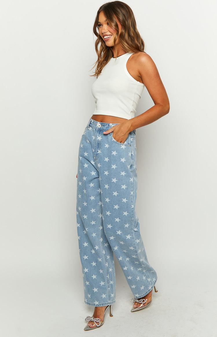 Eli Star Print Mid Wash Wide Leg Denim Jeans Product Image