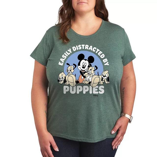 Disneys Mickey Mouse Plus Distracted By Puppies Graphic Tee, Womens Grey Green Product Image