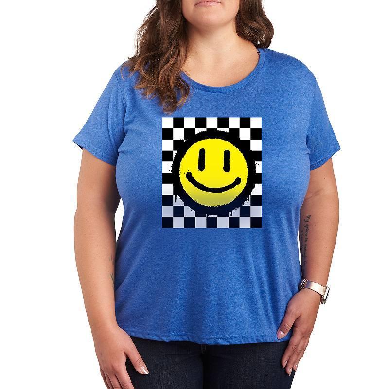 Plus Checkerboard Retro Smile Graphic Tee, Womens Grey Gray Product Image