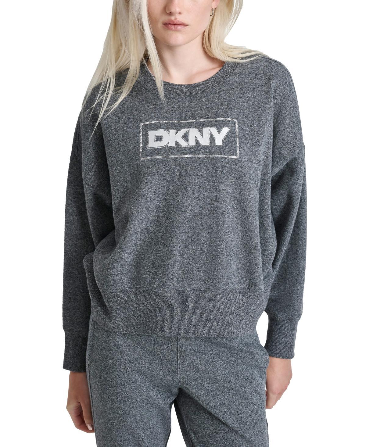 Dkny Sport Womens Rhinestone Crewneck Fleece Sweatshirt - Black Product Image