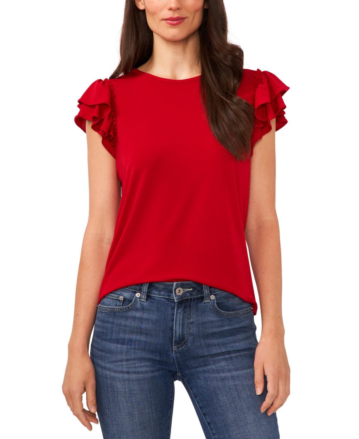 CeCe Womens Ruffled Flutter-Sleeve Short Sleeve Knit Top Product Image