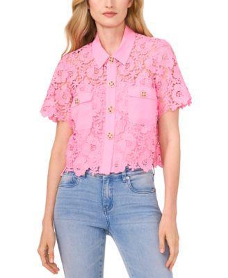 Women's Lace Short-Sleeve Button-Up Blouse Product Image