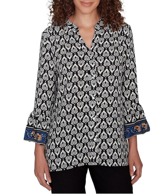 Ruby Rd. Woven Ikat Border Print Band Neck 3/4 Sleeve Button-Front Top Product Image