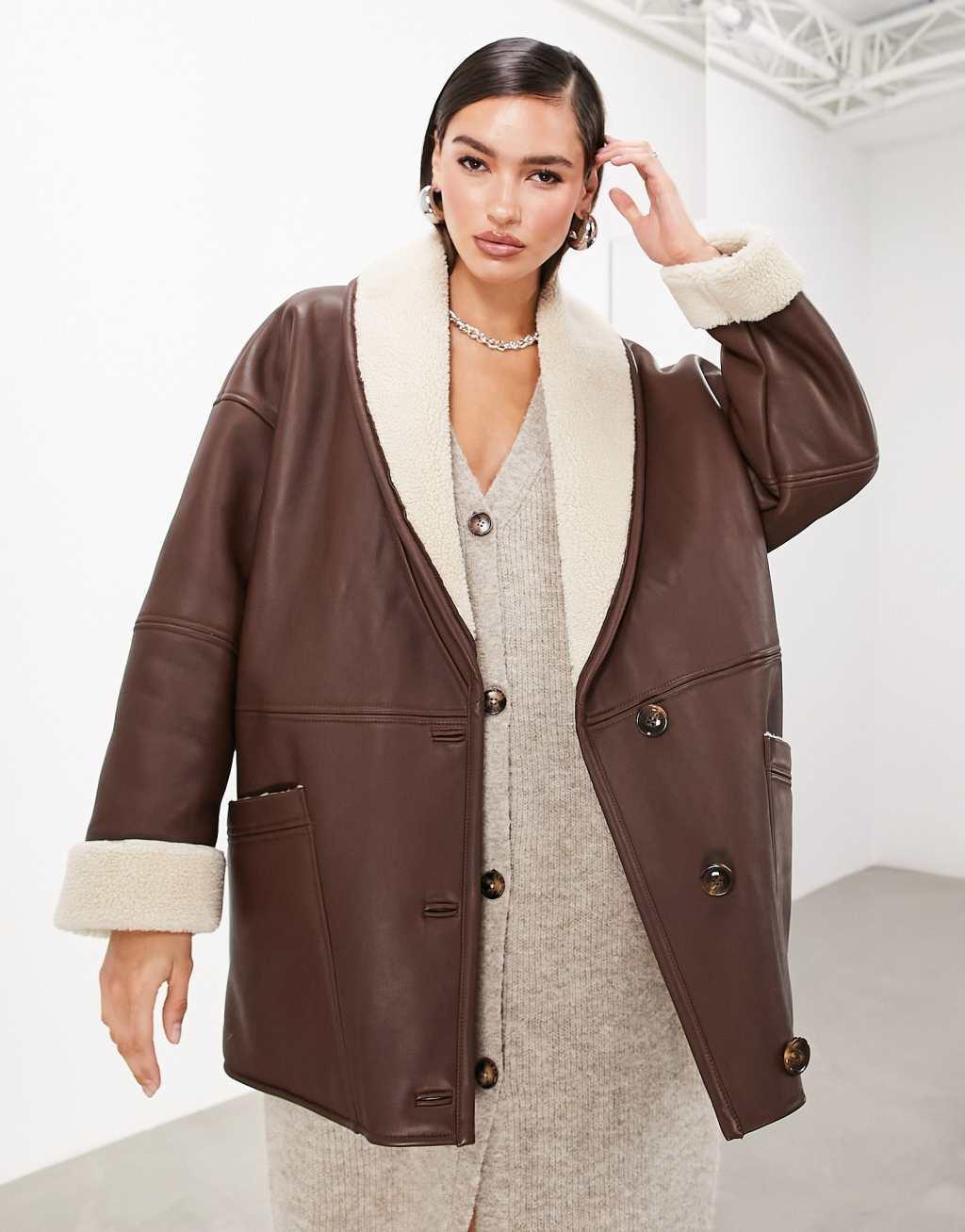 ASOS EDITION oversized real leather borg lined jacket Product Image