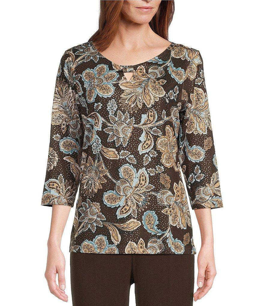 Allison Daley Espresso Filagree Printed 3/4 Sleeve Keyhole Neck Knit Top Product Image