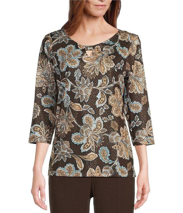 Allison Daley Espresso Filagree Printed 3/4 Sleeve Keyhole Neck Knit Top Product Image