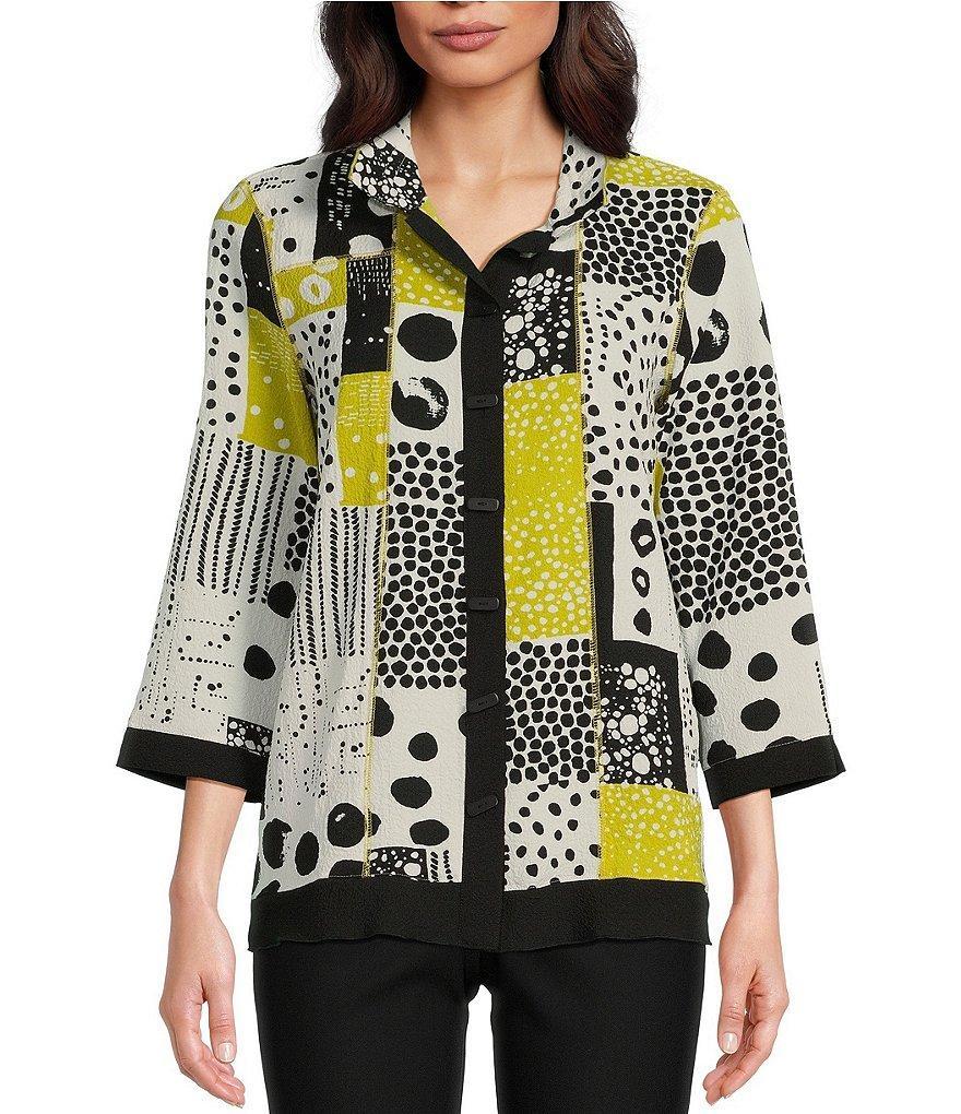 Ali Miles Abstract Patchwork Print Wire Collar 3/4 Sleeve Button-Front Tunic Product Image