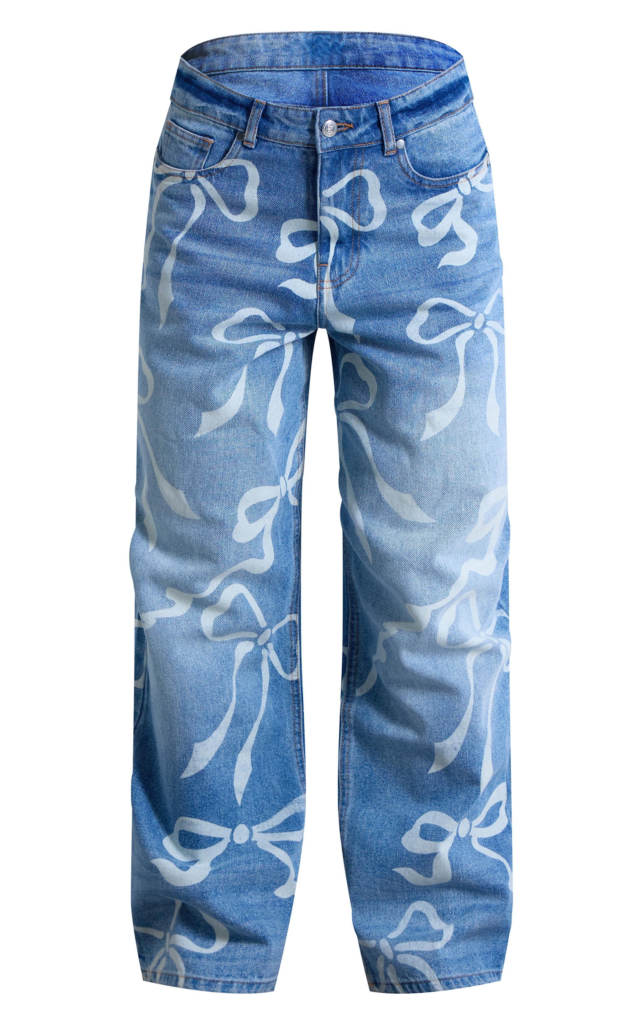 Light Blue Ribbon Detail Laser Print Jeans Product Image