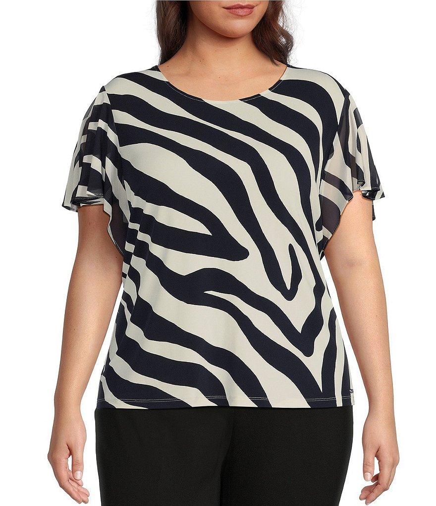 Calvin Klein Plus Size Zebra Print Mesh Round Neck Short Flutter Sleeve Top Product Image