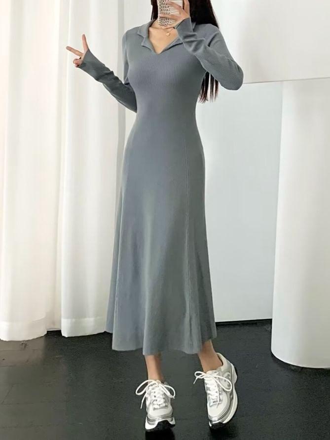 Long-Sleeve Collared Knit Midi A-Line Dress Product Image