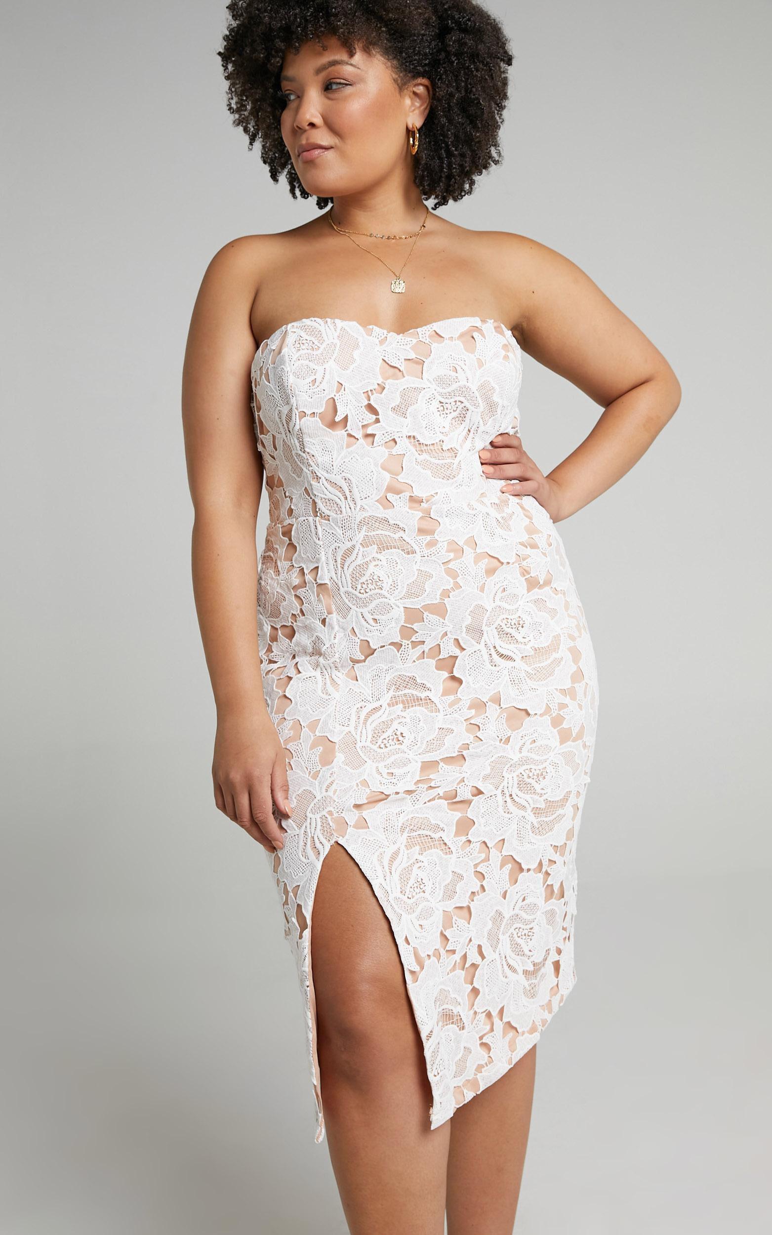 Lace To Lace Midi Dress - Strapless Bodycon Dress in White Lace Product Image