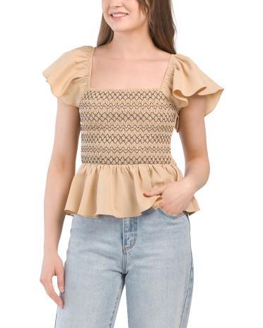 Flutter Sleeve Contrast Stitch Smocked Top for Women | Polyester Product Image