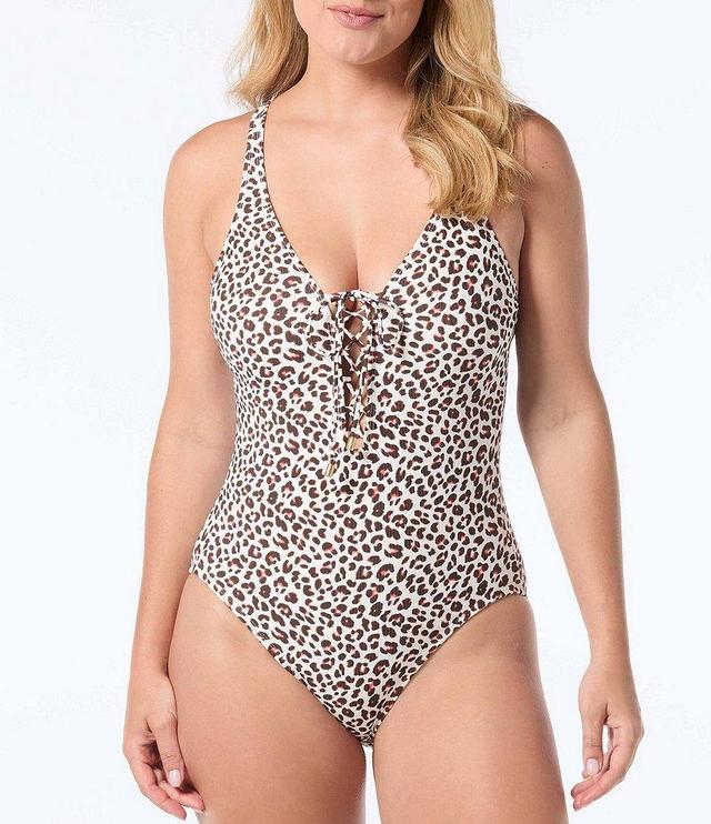 Coco Reef Summer Cheetah Sultry Bra Size Tummy Control Underwire Lace-Up Plunge V-Neck One Piece Swimsuit Product Image