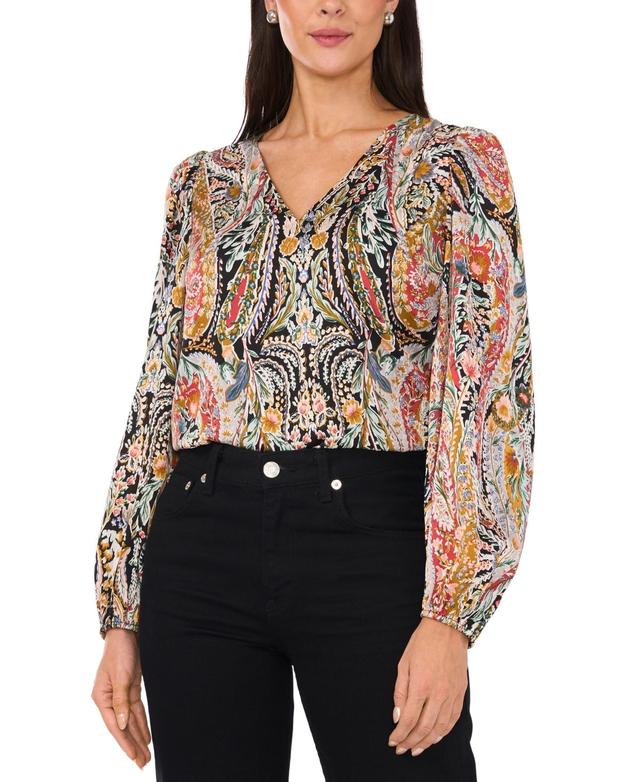 1.state Womens Paisley Print Blouson-Sleeve V-Neck Blouse Product Image