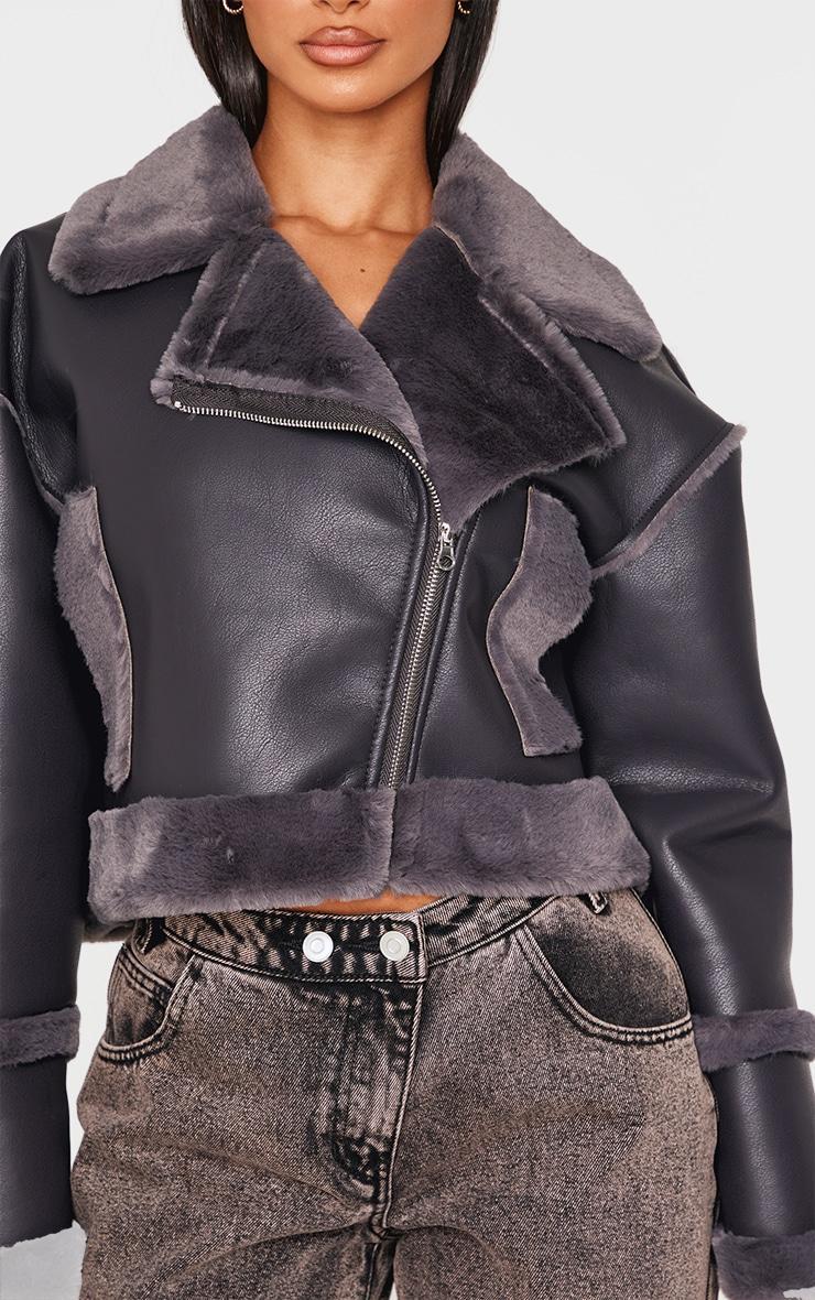 Petite Charcoal Aviator Jacket With Fur Trims Product Image