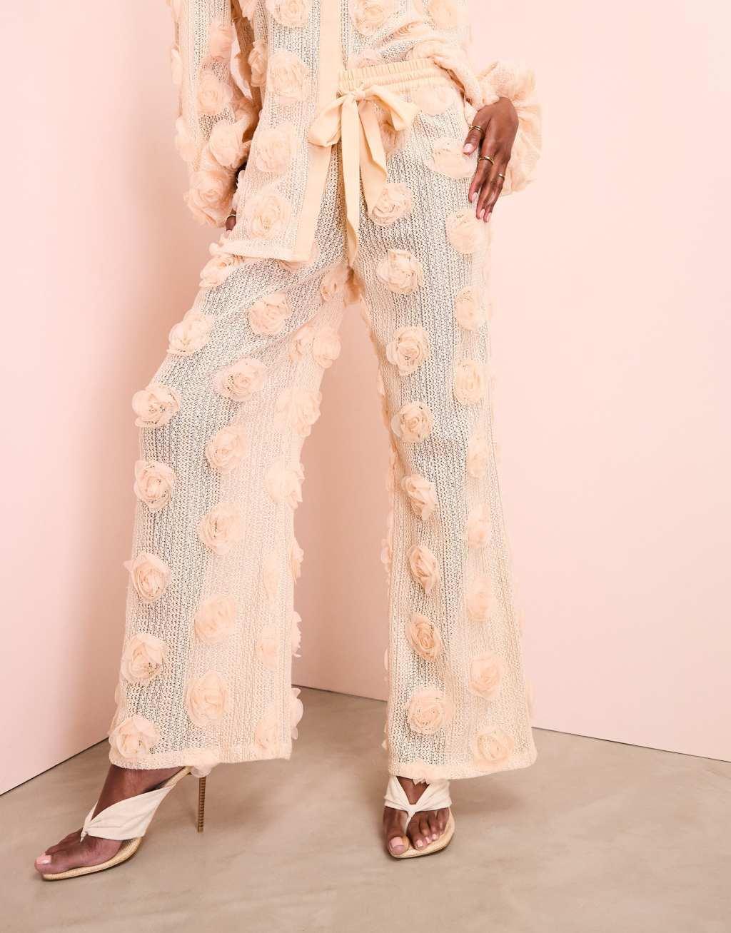 ASOS LUXE 3D floral crochet beach pants in cream Product Image