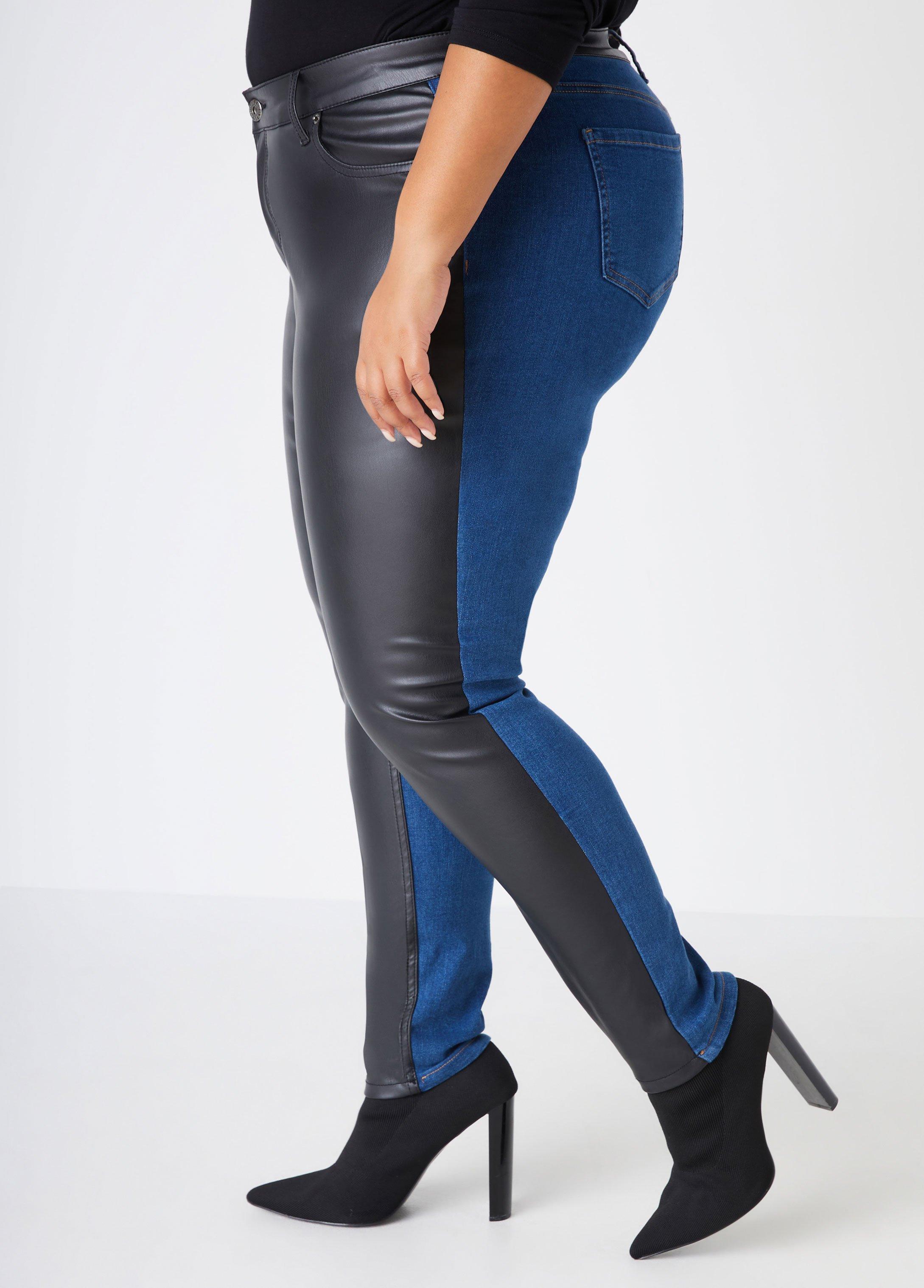 Faux Leather Paneled Skinny Jeans Product Image