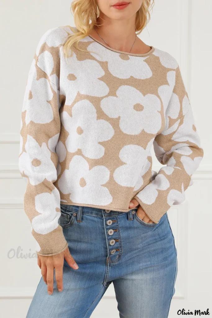 Olivia Mark – Elegant French Beige Floral Print Cropped Sweater Product Image