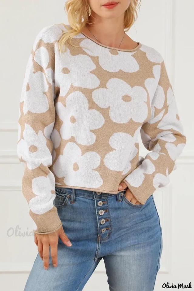 Olivia Mark – Elegant French Beige Floral Print Cropped Sweater Product Image