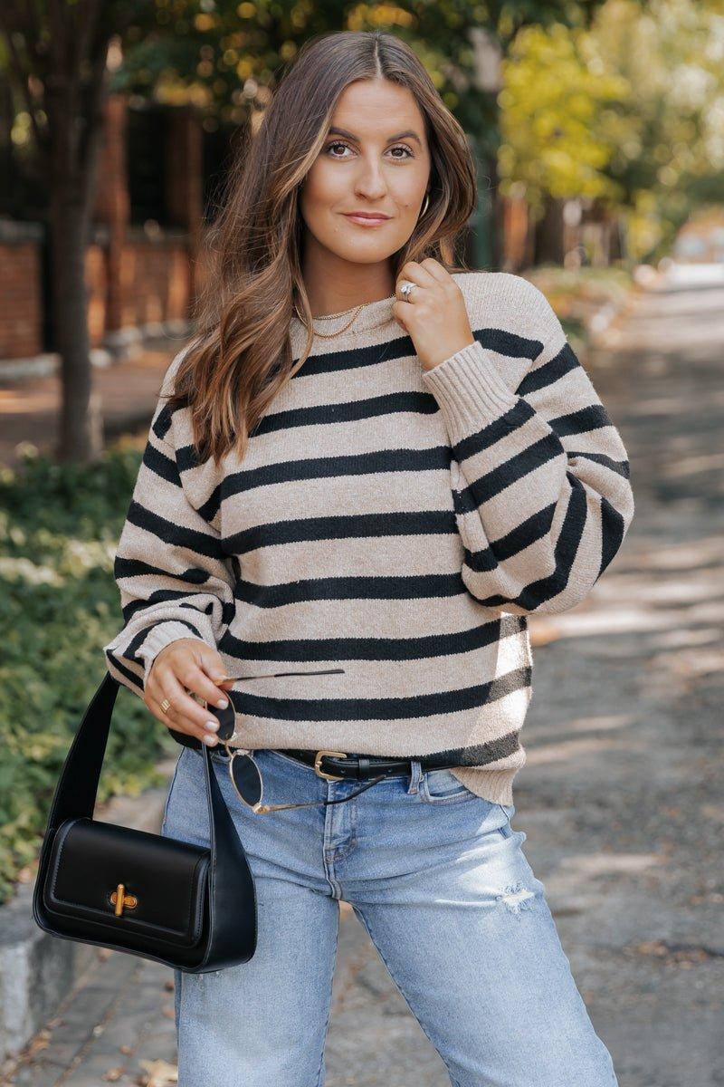 Black and Mocha Striped Pullover Sweater - FINAL SALE Product Image