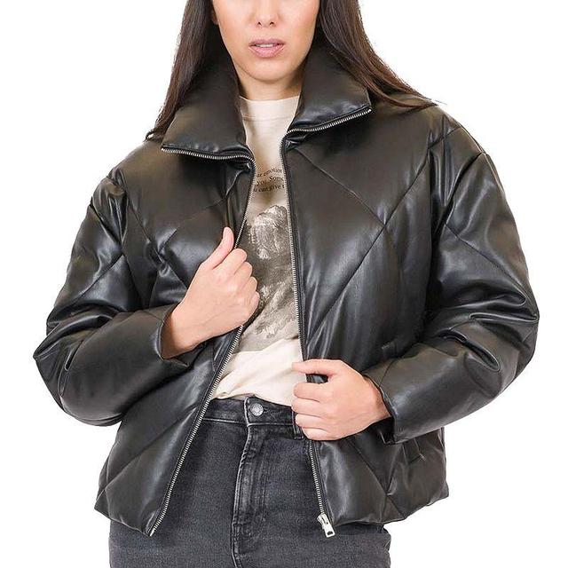 Juniors Coffee Shop Quilted Faux Leather Puffer Coat, Womens Product Image