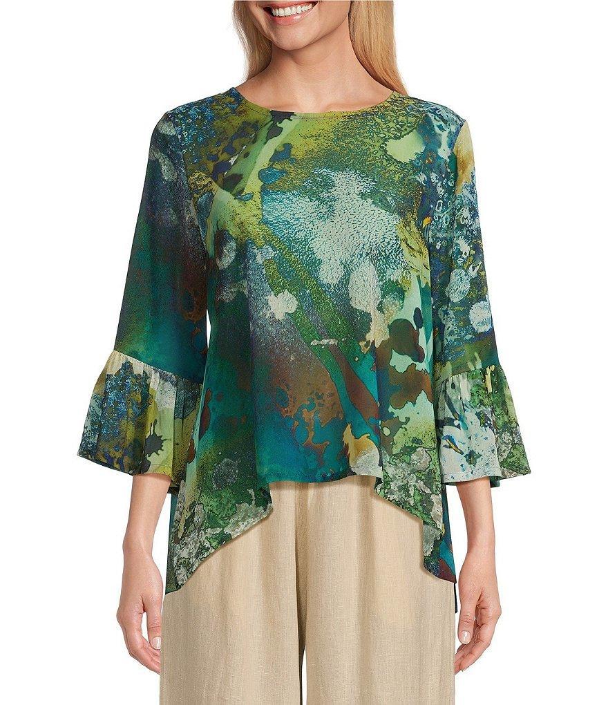 Bryn Walker Sheer Woven Fran Canale Print Round Neck 3/4 Ruffle Bell Sleeve High-Low Hem Shirt Product Image