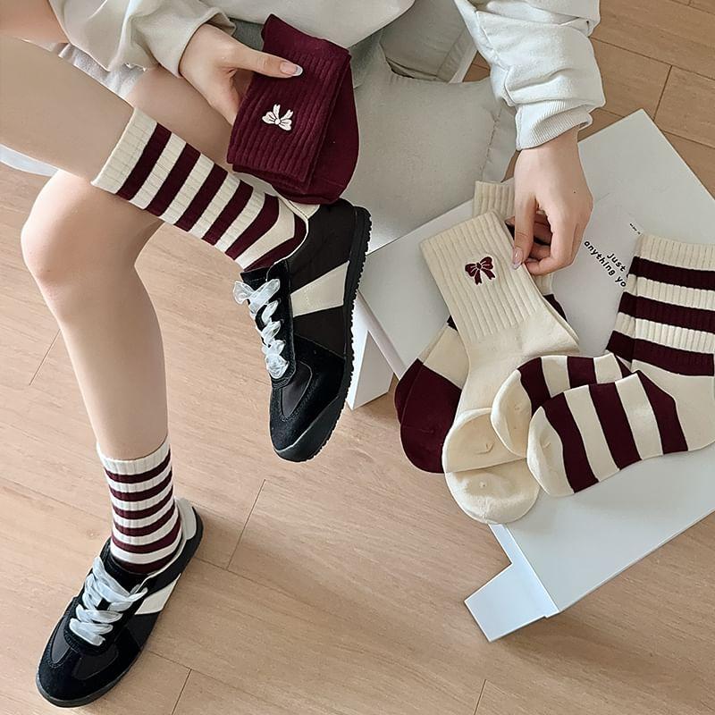 Striped Socks / Bow Embroidered Socks / Set Product Image