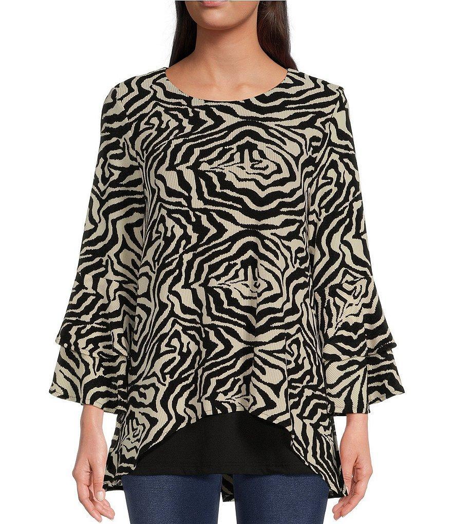 Calessa Mesh Knit Animal Swirl Print Scoop Neck Long Sleeve Double Layer High-Low Blouse Product Image