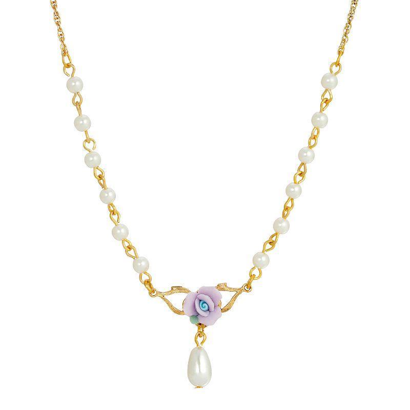 1928 Gold Tone Simulated Pearl Porcelain Rose Y-Necklace, Womens, Purple Product Image