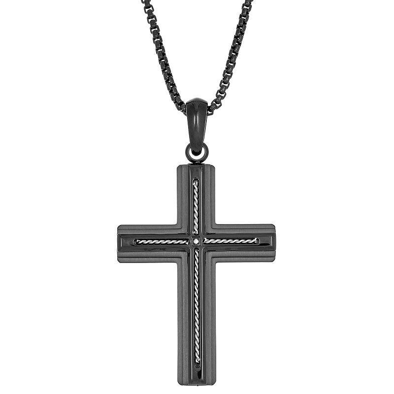 Mens LYNX Two Tone Stainless Steel Cubic Zirconia Cross Pendant Necklace Product Image