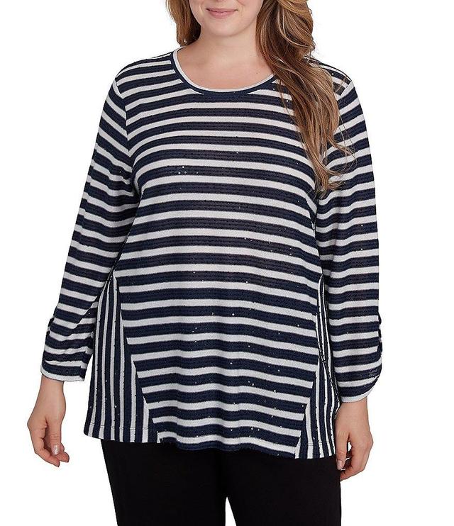 Ruby Rd. Plus Size Knit Sequin Stripe Scoop Neck Long Sleeve Top Product Image