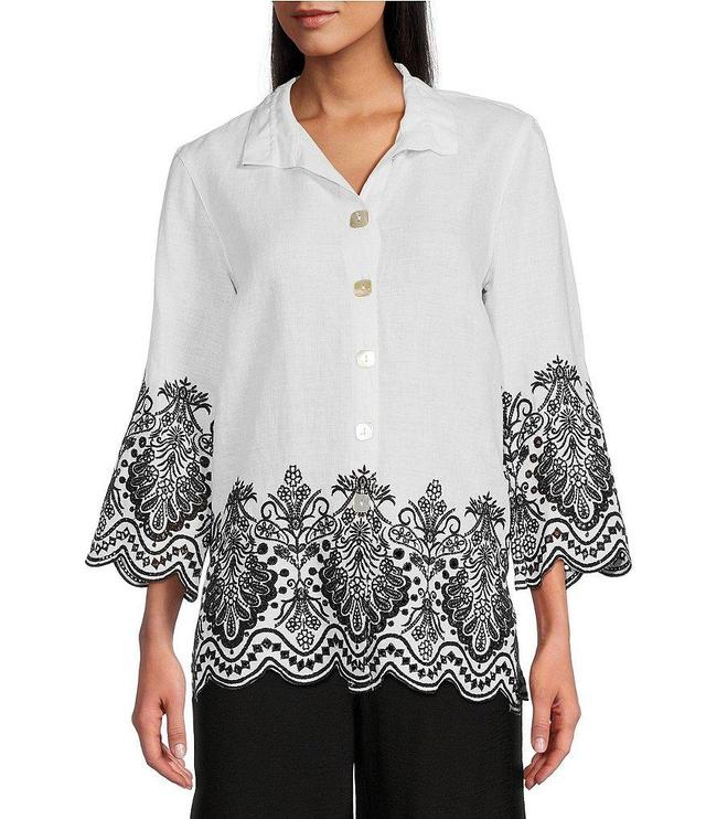 John Mark Linen Blend Embroidered Eyelet Point Collar 3/4 Sleeve Tunic Product Image