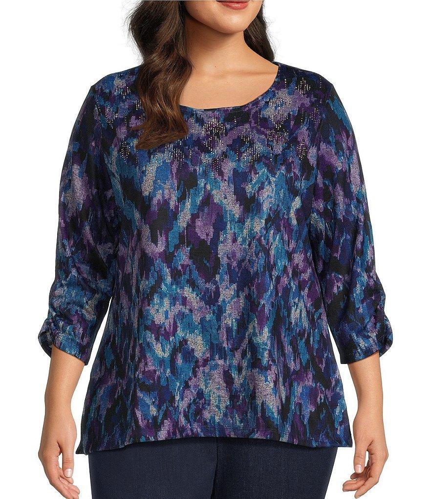 Allison Daley Plus Size Abstract Herringbone Print Embellished 3/4 Ruched Sleeve Crew Neck Abstract Tee Product Image