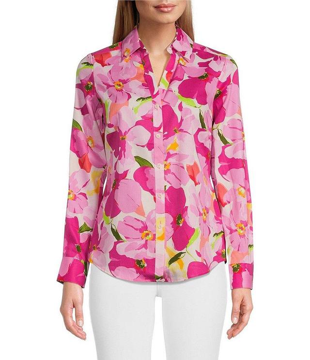 Foxcroft Mary Floral Print Y-Neck Point Collar Barrel Cuff Long Sleeve Button Front Shirt Product Image