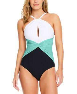 Beyond Control Womens Colorblocked High-Neck Keyhole Twist-Detail One-Piece Swimsuit Product Image