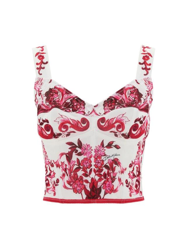 DOLCE & GABBANA Majolica-print Crop Marquisette Bustier Top In Multicolor Product Image