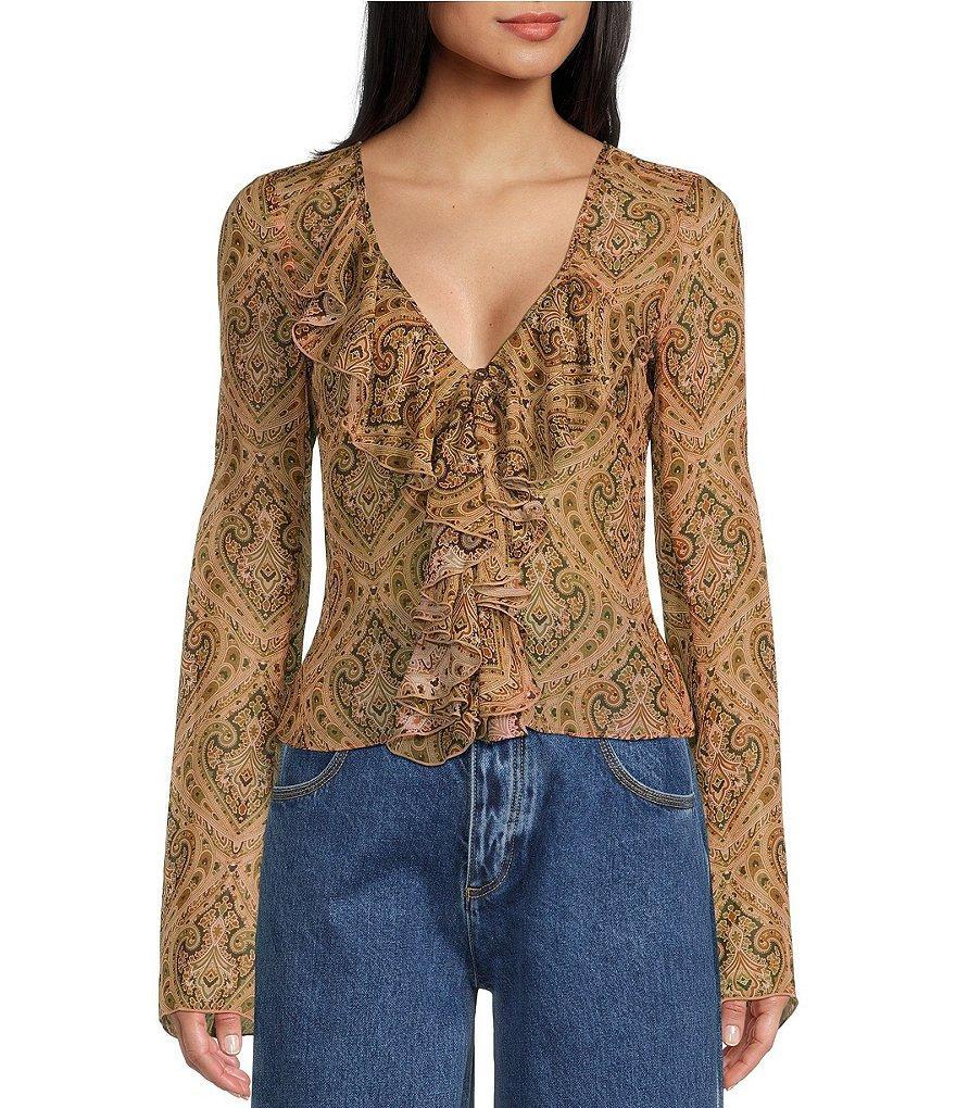 RONNY KOBO Klaire Paisley Print Chiffon V-Neck Long Sleeve Cascading Ruffle Top Product Image