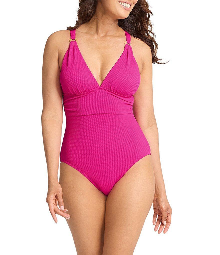 Tommy Bahama Island Cays Solid Texture V-Neck Tummy Control One Piece Swimsuit Product Image