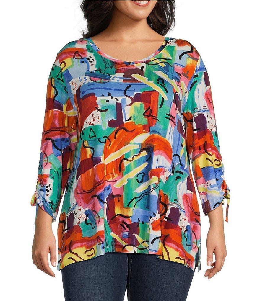 Ali Miles Plus Size Knit Abstract Print V Neck 3/4 Cinch Sleeve Curved Hem Pullover Tunic product image