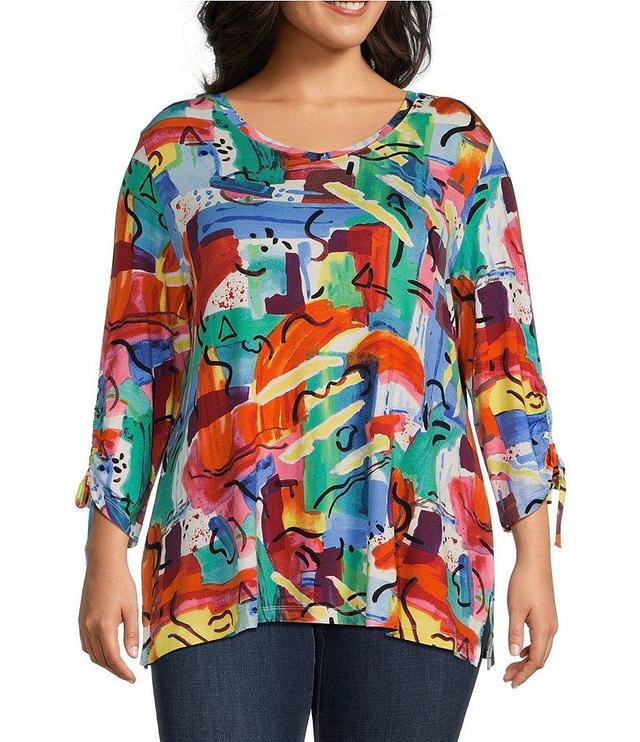 Ali Miles Plus Size Knit Abstract Print V Neck 3/4 Cinch Sleeve Curved Hem Pullover Tunic Product Image