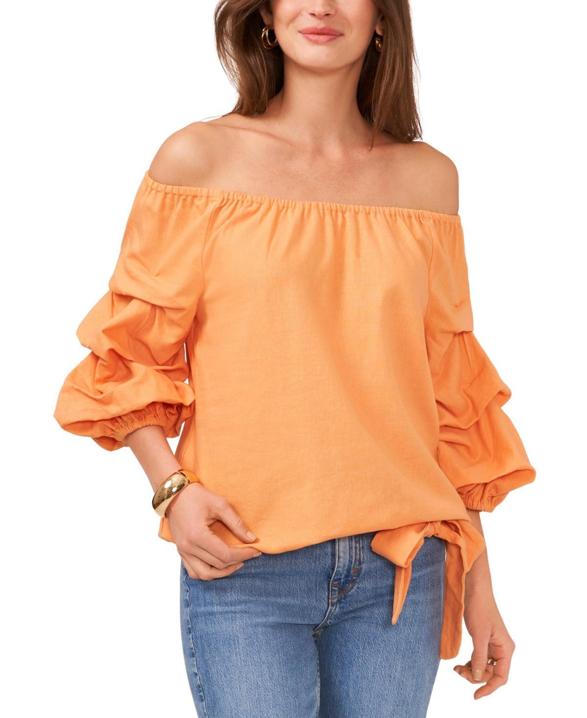 Women's Linen-Blend Off The Shoulder Bubble Sleeve Tie Front Blouse Product Image