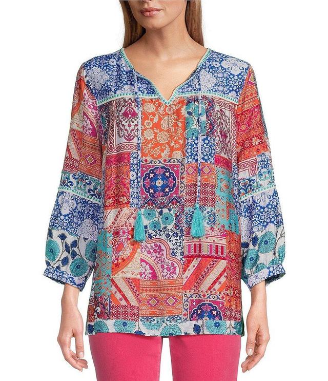 John Mark Mixed Print Split V-Neck 3/4 Sleeve Tassel Tie Top Product Image