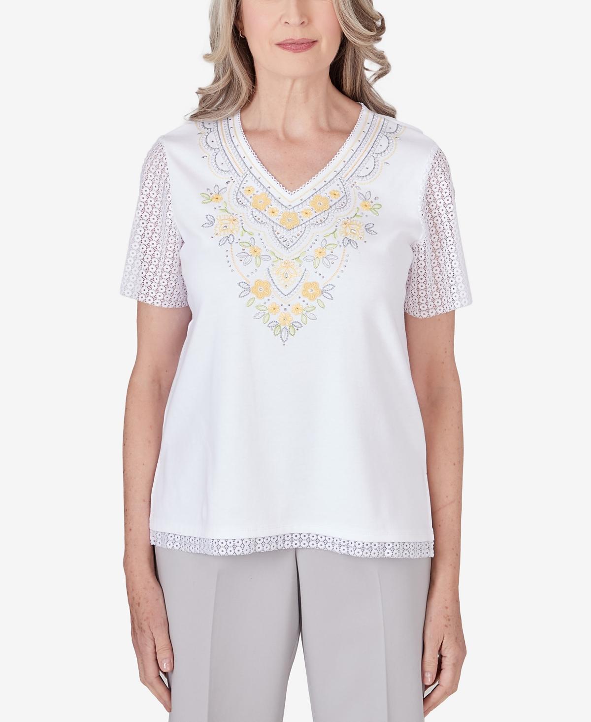 Alfred Dunner Womens Charleston Lace Sleeves Embroidered Top Product Image